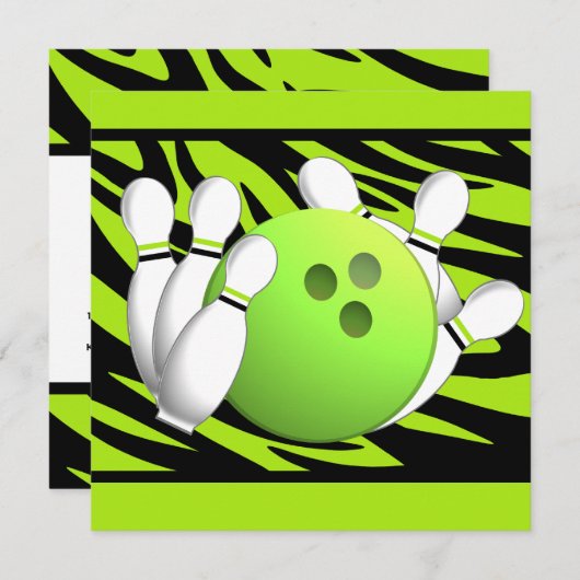 Neon Green Zebra Stripe Bowling Party Kaart (Voorkant / Achterkant)