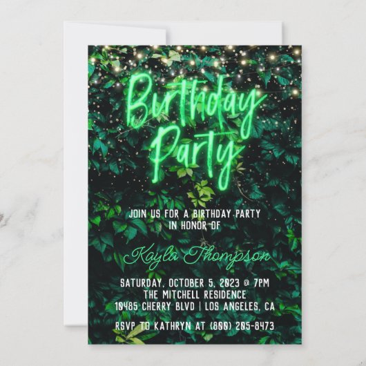 Neon Greenery Green Wall Birthday Party Kaart (Achterkant)