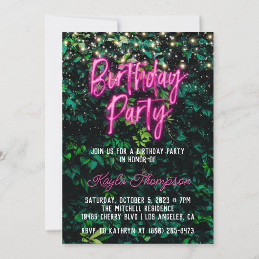 Neon Greenery Green Wall Birthday Party Kaart (Achterkant)