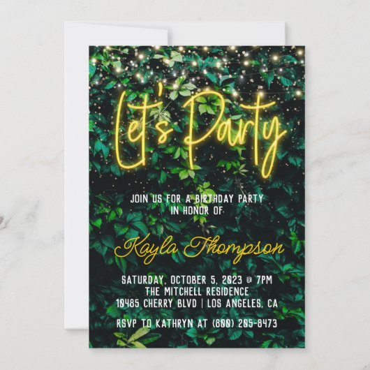 Neon Greenery Green Wall Let's Party Invitation Kaart (Achterkant)