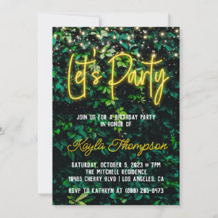 Neon Greenery Green Wall Let's Party Invitation Kaart