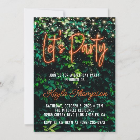 Neon Greenery Green Wall Let's Party Invitation Kaart (Achterkant)