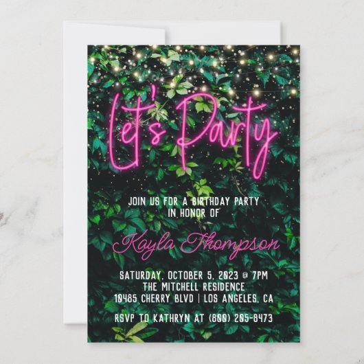 Neon Greenery Green Wall Let's Party Invitation Kaart (Achterkant)