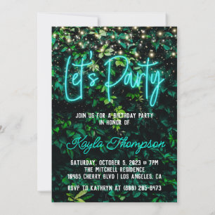 Neon Greenery Green Wall Let's Party Invitation Kaart