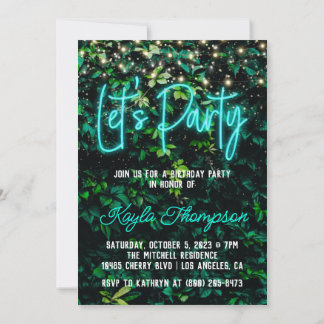 Neon Greenery Green Wall Let's Party Invitation Kaart
