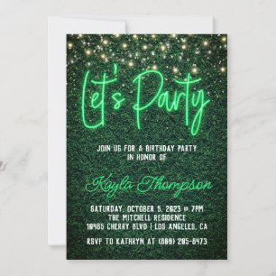 Neon Greenery Green Wall Let's Party Invitation Kaart