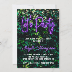 Neon Greenery Green Wall Let's Party Invitation Kaart