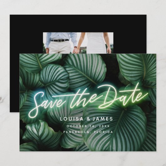 Neon Greenery Modern Tropical Save the Date Kaart (Voorkant / Achterkant)