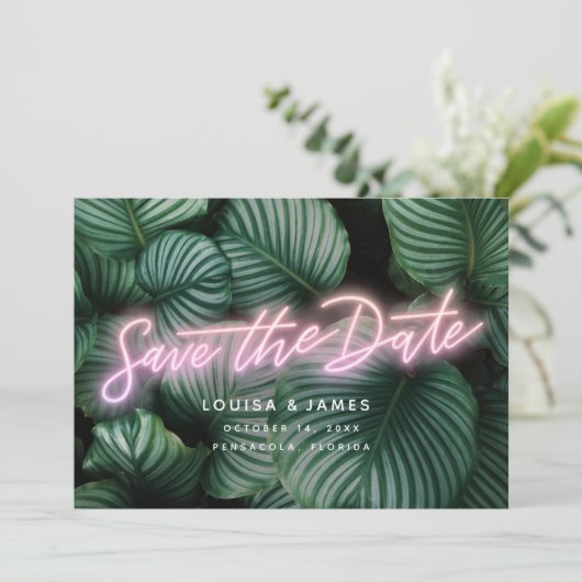 Neon Greenery Modern Tropical Save the Date Kaart (Staand voorkant)