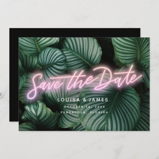Neon Greenery Modern Tropical Save the Date Kaart (Voorkant / Achterkant)
