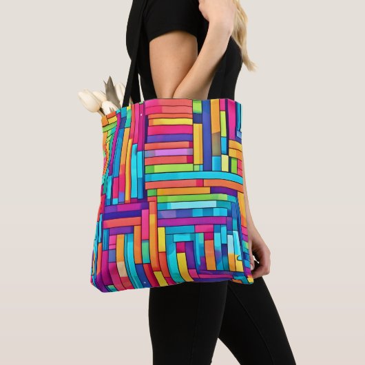 Neon Grid - Kleurrijk Abstract Mozaïek Tote Bag (Dichtbij)