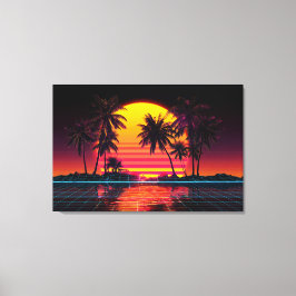 Neon Grid Palm Sunset Canvas Afdruk