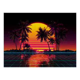 Neon Grid Palm Sunset Perfect Poster