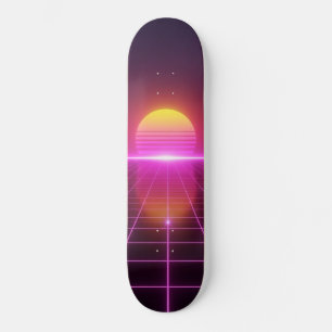 Neon Grid Zonsondergang Synthwave Skateboard