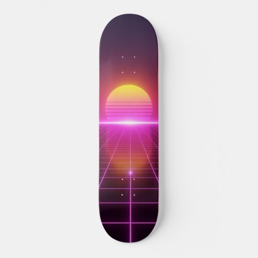 Neon Grid Zonsondergang Synthwave Skateboard (Voorkant)