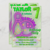 Neon Groen en Paarse Kinder Bowling Verjaardagsfee Kaart (Voorkant / Achterkant)