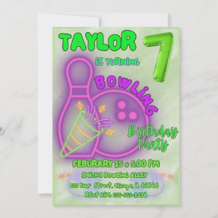 Neon Groen en Paarse Kinder Bowling Verjaardagsfee Kaart