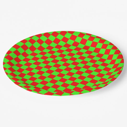 Neon Groen en Rood Geruite Checkerboard  Papieren Bordje (Gekanteld)