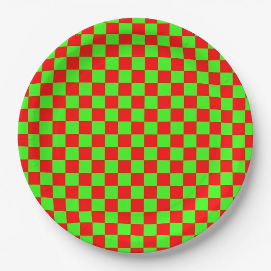 Neon Groen en Rood Geruite Checkerboard  Papieren Bordje (Voorkant)