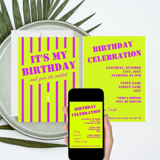 Neon groen geel paarse verjaardagsfeestje Uitnodig Kaart