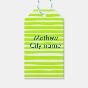 Neon groen geel retro strepen voeg naam stad toe cadeaulabel