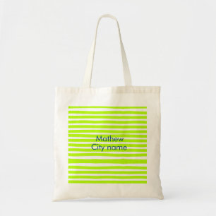 Neon groen geel retro strepen voeg naam stad toe tote bag