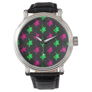 Neon Groen, Heet Roze, Schaatser, Zwart Chevron Horloge