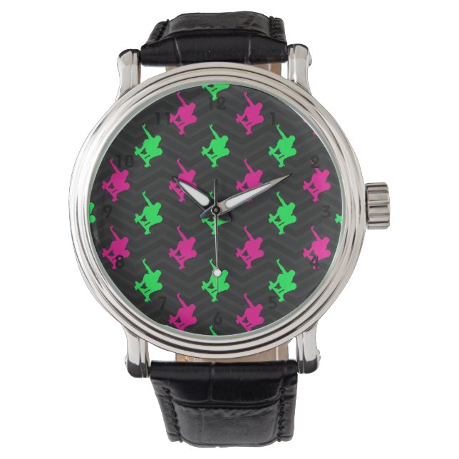 Neon Groen, Heet Roze, Schaatser, Zwart Chevron Horloge (Voorkant)