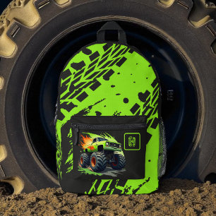 Neon Groen Monster Truck Jongens Monogram  Bedrukte Rugzak