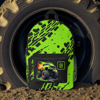 Neon Groen Monster Truck Jongens Monogram Bedrukte Rugzak