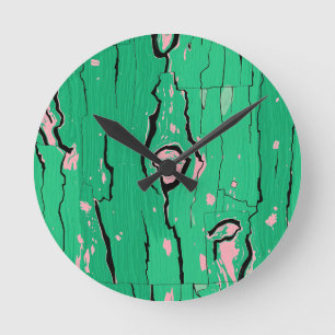 Neon Groen Pop Art Houtnerf Abstracte Schors Ronde Klok