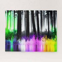 Neon Groen Roze Paarse Gele Bosreflectie Legpuzzel