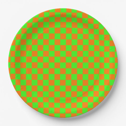 Neon Groen Sinaasappel Geruite Checkerboard Papieren Bordje (Voorkant)