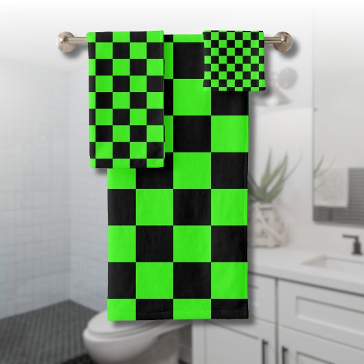 Neon Groen Zwart Geruite Checkerboard Bad Handdoek