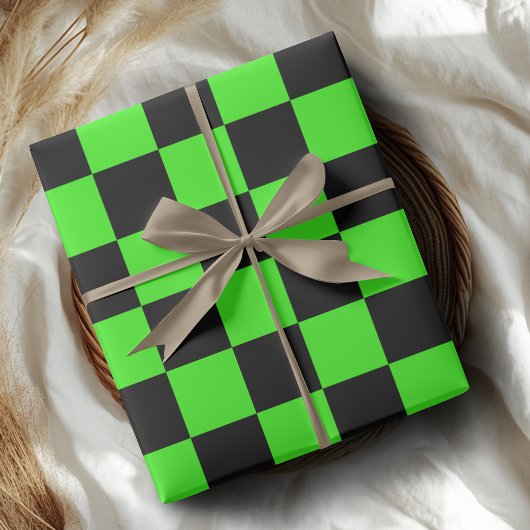 Neon Groen Zwart Geruite Checkerboard  Cadeaupapier
