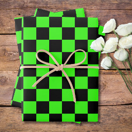 Neon Groen Zwart Geruite Checkerboard  Inpakpapier Vel