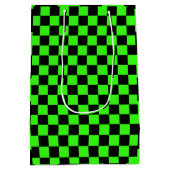 Neon Groen Zwart Geruite Checkerboard Medium Cadeauzakje (Achterkant)