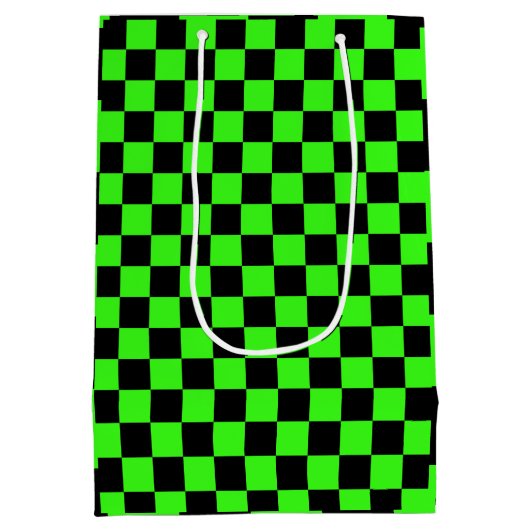Neon Groen Zwart Geruite Checkerboard Medium Cadeauzakje (Achterkant)
