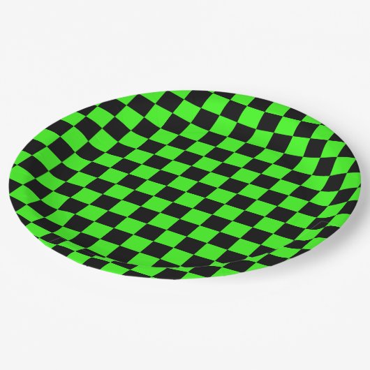 Neon Groen Zwart Geruite Checkerboard  Papieren Bordje (Gekanteld)
