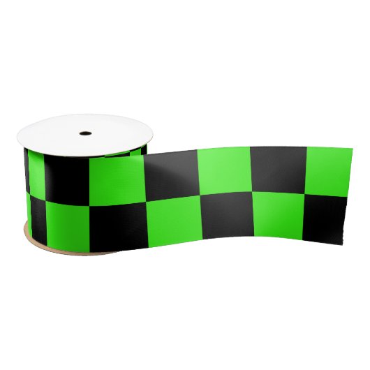 Neon Groen Zwart Geruite Checkerboard  Satijnen Lint (Spoel)