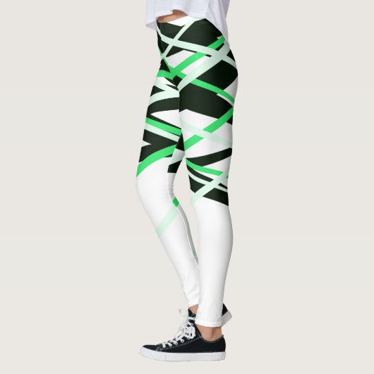 Neon Groen Zwart Wit Strepen Geometrisch Leggings (Links)