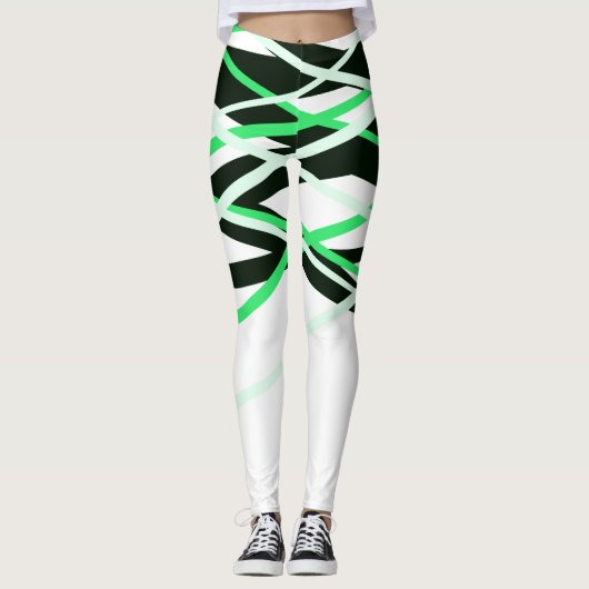 Neon Groen Zwart Wit Strepen Geometrisch Leggings (Voorkant)
