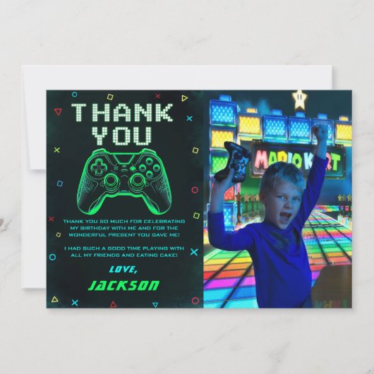 Neon Groene Arcade Videogame Verjaardag Foto Bedankkaart (Voorkant)