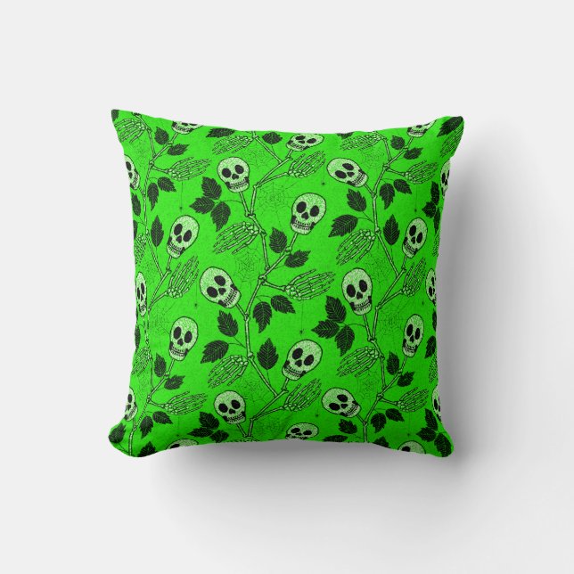 Neon groene bloem gotische schedel  kussen (Voorkant)
