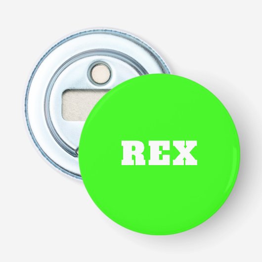 Neon Groene en Witte Moderne Naam Huisdier Button Flesopener (Voorkant)