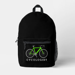 Neon groene fiets met cycologe tekst bedrukte rugzak