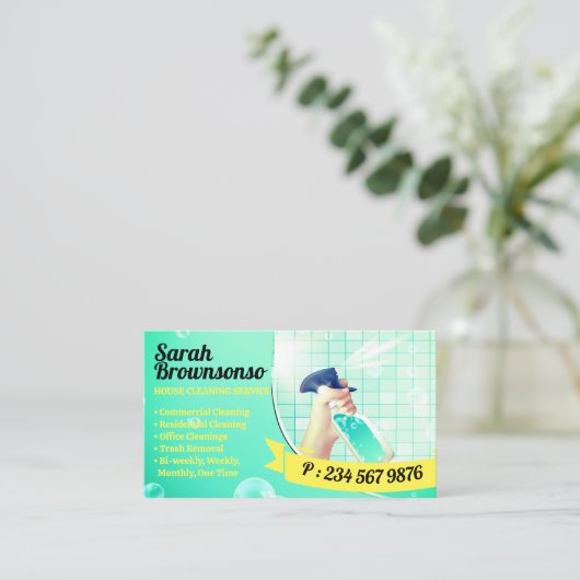 Neon Groene Gele Schoonmakende Wasspray Visitekaartje (Staand voorkant)