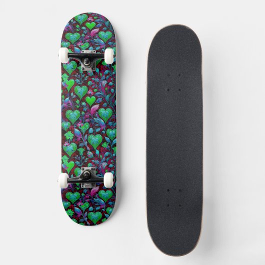 Neon Groene Hart en Paarse Bloemen Persoonlijk Skateboard (Voorkant)