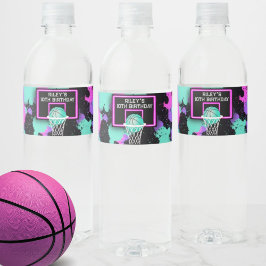 Neon Grunge Paint Splatter Basketbal Verjaardag Waterfles Etiket