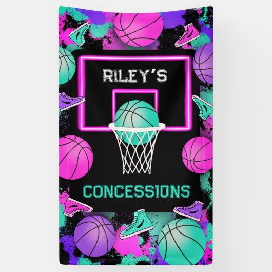 Neon Grunge Verf Splatter Basketbal Concessies Spandoek (Verticaal)